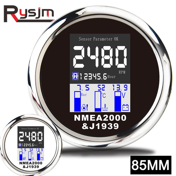 NMEA 2000 Multi-functional 4 in 1 Gauge 85mm Digital Tachometer Voltmeter Water Temp Oil Pressure gauge 0~10Bar With Alarm 9-32V